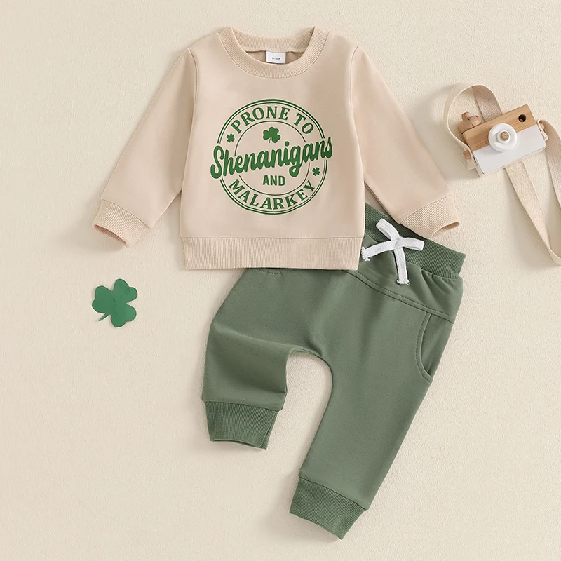 Lioraitiin Baby Boys Clothes Set Long Sleeve O-Neck Letters Shamrock Print Sweatshirt with Elastic Waist Sweatpants Clothes