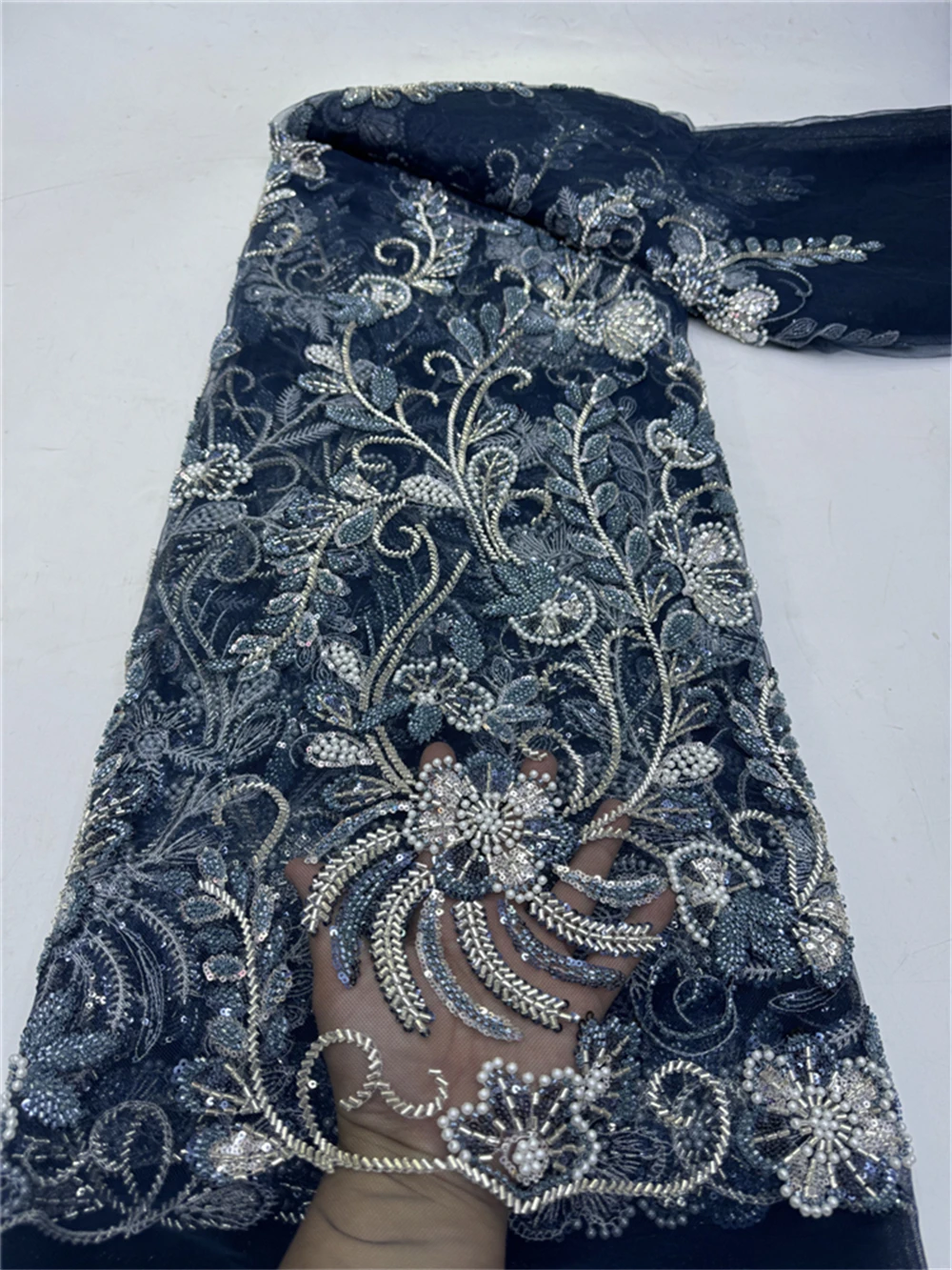 High Quality Heavy bead African Lace Fabric 2024 Blue French Net Sequins Fabric Sewing Embroidered Tulle Nigeria Fabric jy347