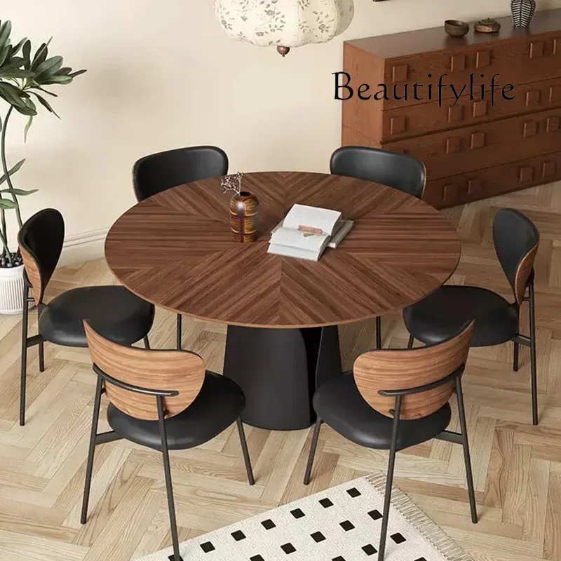 

Round table household small apartment modern French antique solid wood retro walnut parquet round dining table