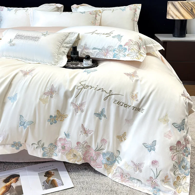240 long-staple cotton cotton four-piece set, pure cotton satin embroidered quilt cover, bed sheet skin-friendly mattress model