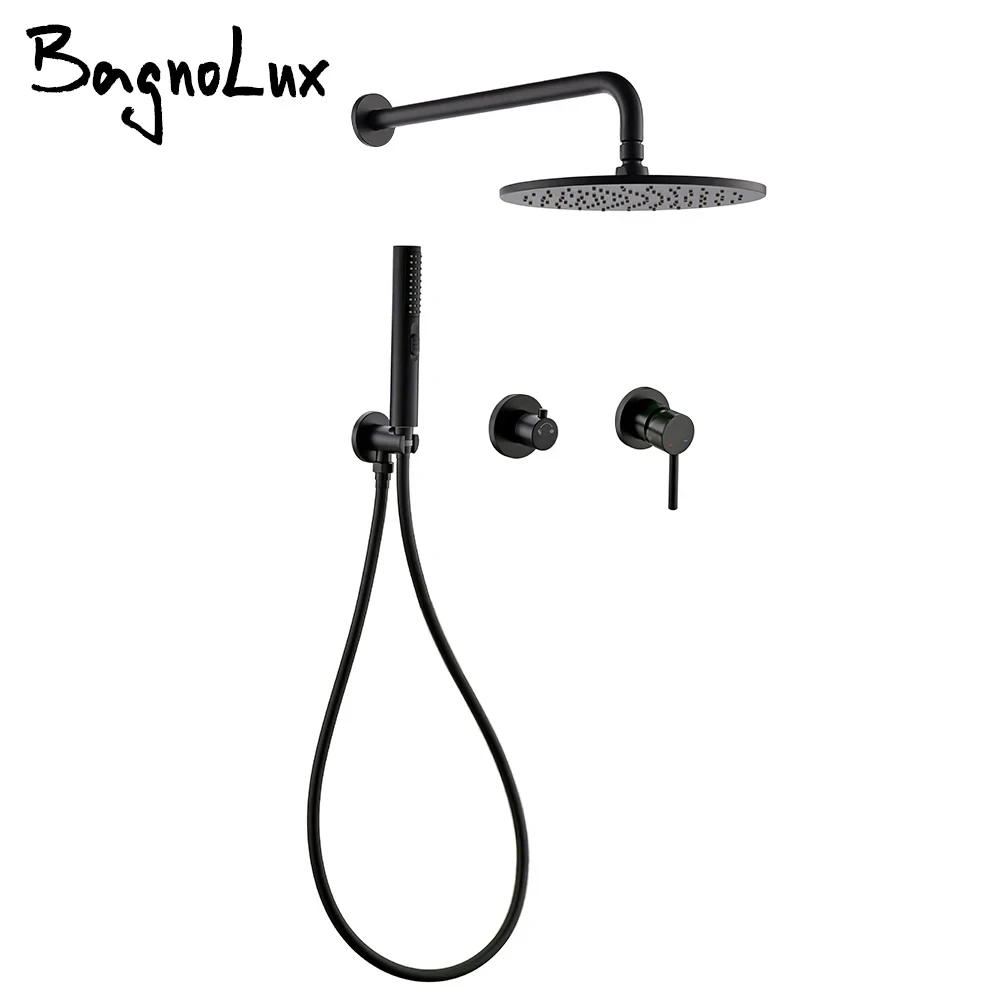 Built-in Shower Mixer Faucet Diverter With Water Outlet Holder Bagnolux Black Brass Rain Hand-Held Head Bathroom Set