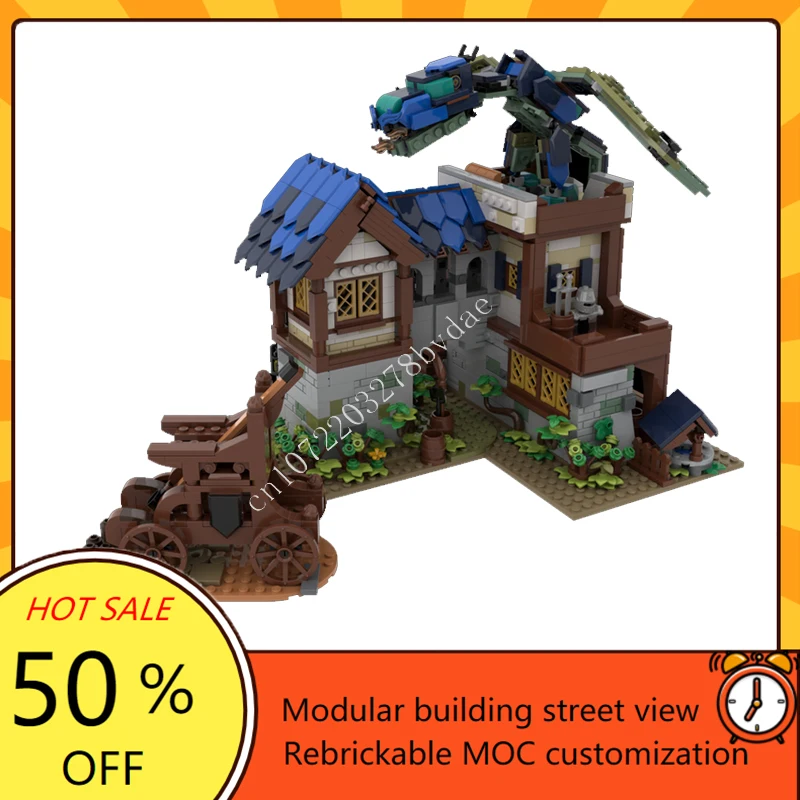 

1427 шт., модульная модель «Атака дракона», MOC, креативная модель с видом на улицу, пазлы на заказ, архитектура, сделай сам, образование, сборная модель, игрушки, подарки