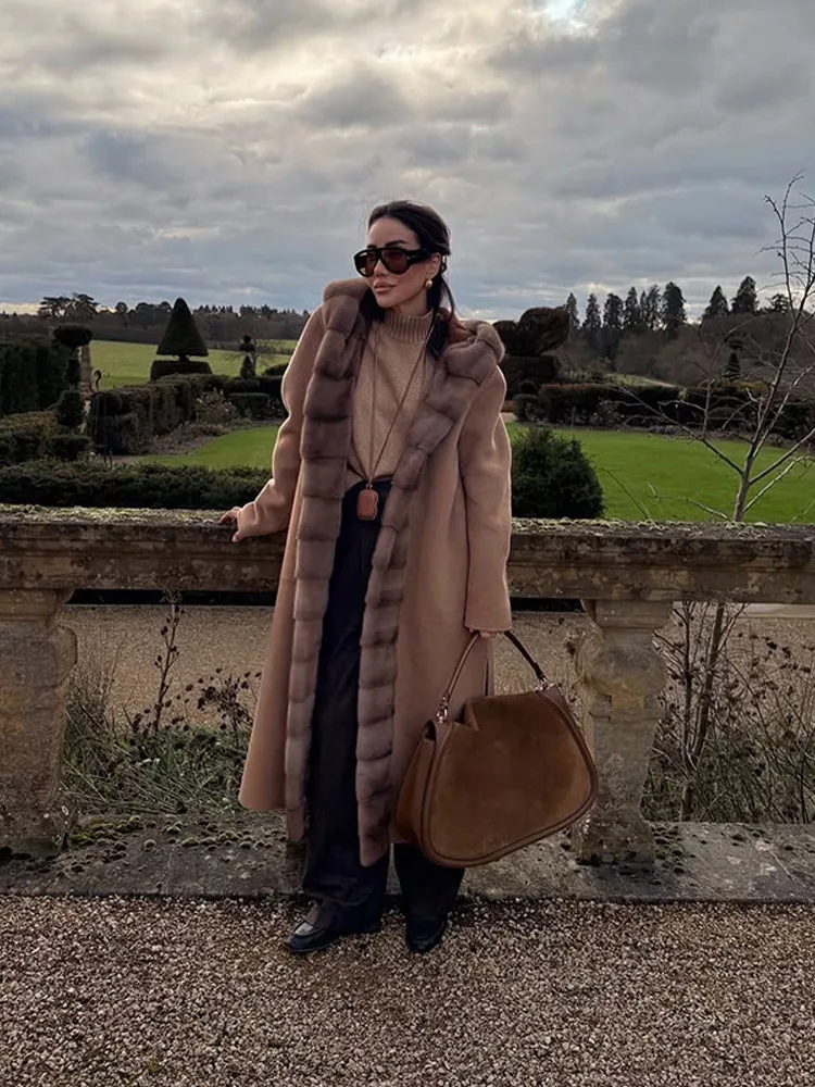 2025 New Fashion Winter Fur Collar Cashmere Wool Jackets Women Belted Over The Knee Long Fur Woolen Blends Coats