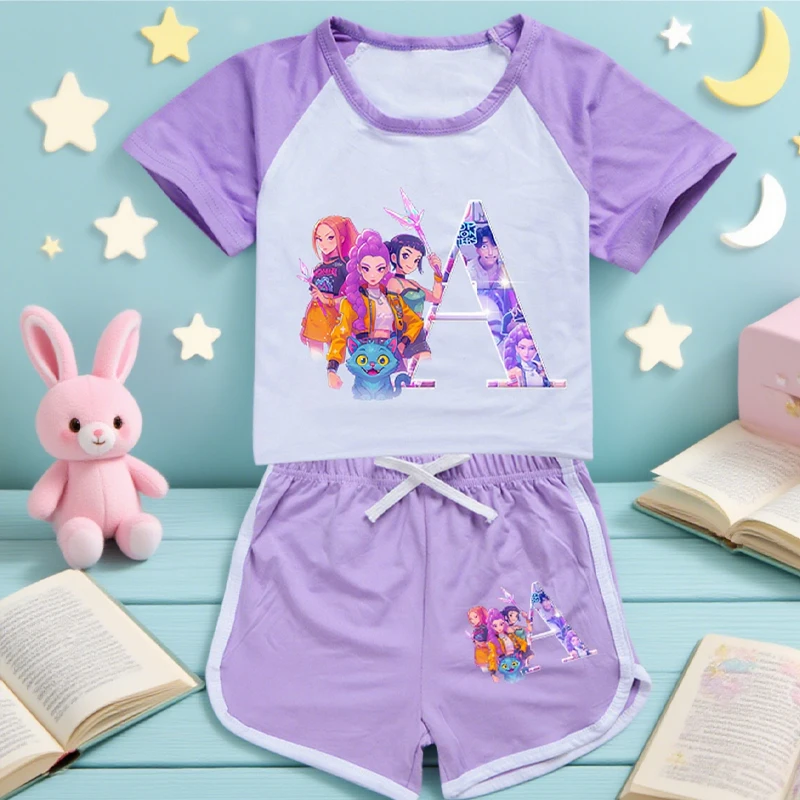 

Kpop Demon Hunters 26letter Shoulder Cuff Suit Girl Summer Kids Top and Bottom Clothes Set T-shirt Shorts Set Round Neck Clothes