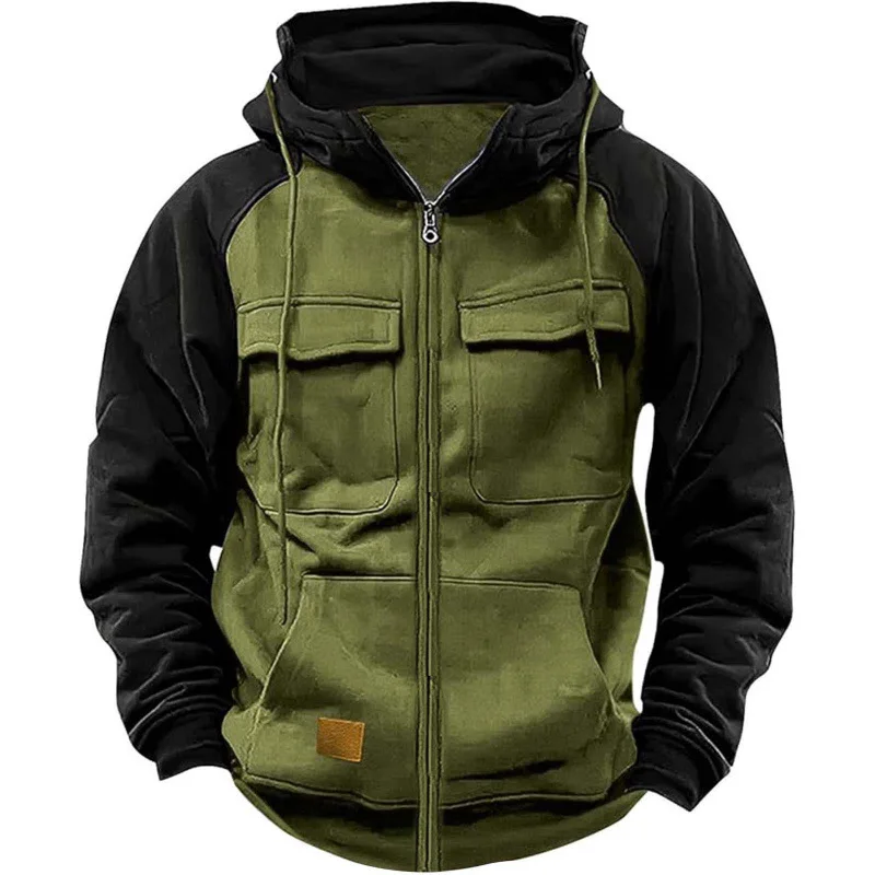 

Men Tactical Zipper Sweatshirt Casual Military Fleece Jacket Standing Collar Color-blocking Sweater Windproof Streetwear Clothes