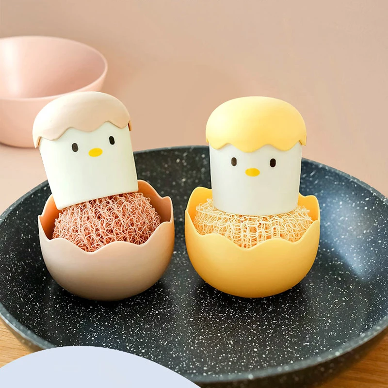 Cute Eggshell Chicken Cleaning Brush Kitchen Cleaning Dish And Ball Pot Washing Fiber Scrubbers,Detachable Tool Handle