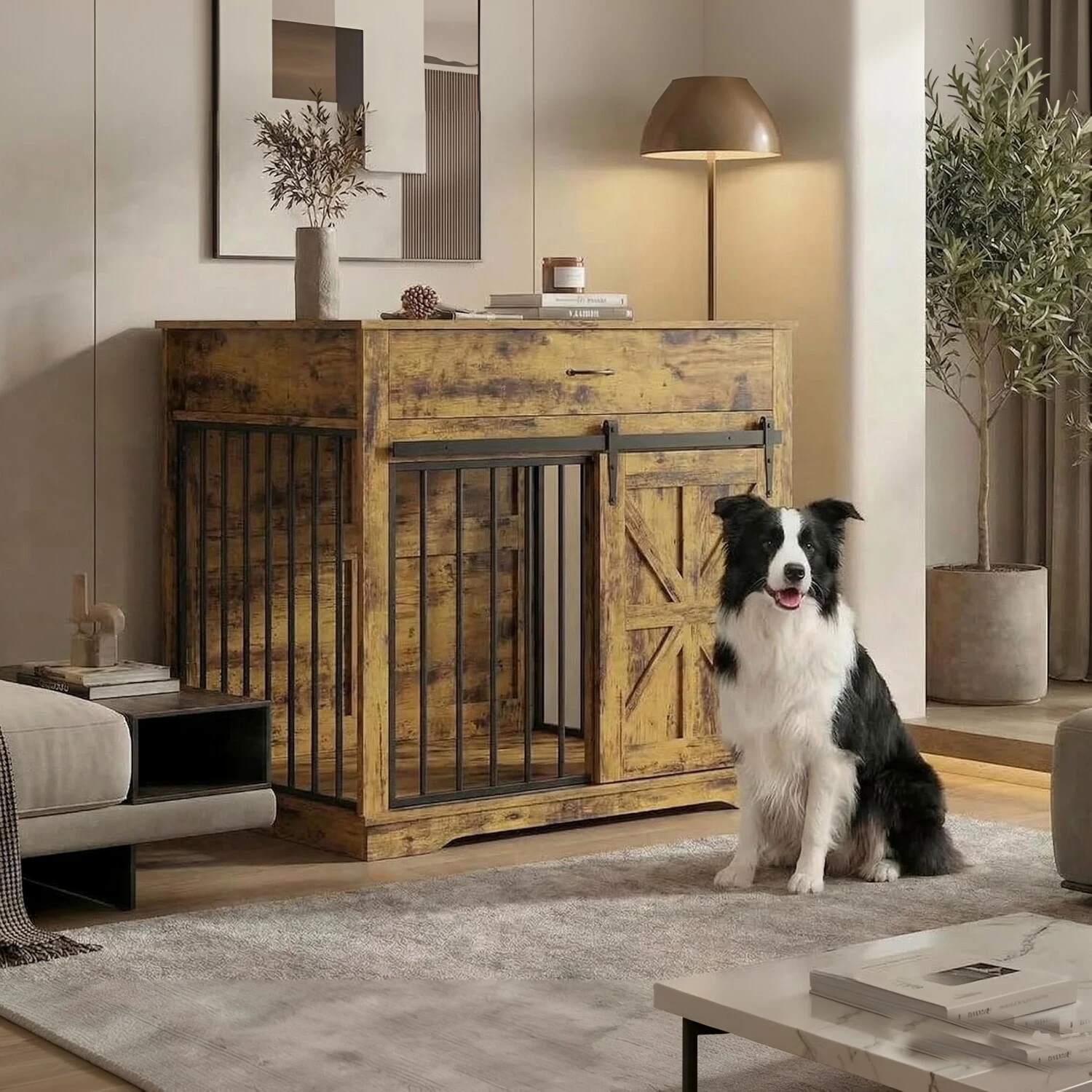 Heavy Duty Iron-Wood Dog Crate Furniture, 2-in-1 Kennel End Table with Sliding Barn Door, Storage Drawer, Decorative Pet House Side, Dog Kennel TV Stand for Small/Medium Dogs