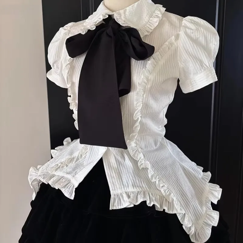 Women Victorian Gothic Lolita Blouse Ruffles Peter Pan Collar Striped Y2K Punk Vintage Shirt