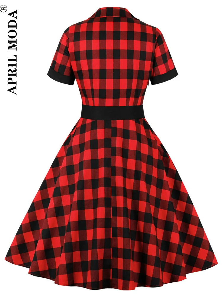 2024 Summer Casual Plaid Women Swing Dress Red Gingham Rockabilly Cotton A Line Sundress Pin Up Vintage Shirt Flare Dresses XXL