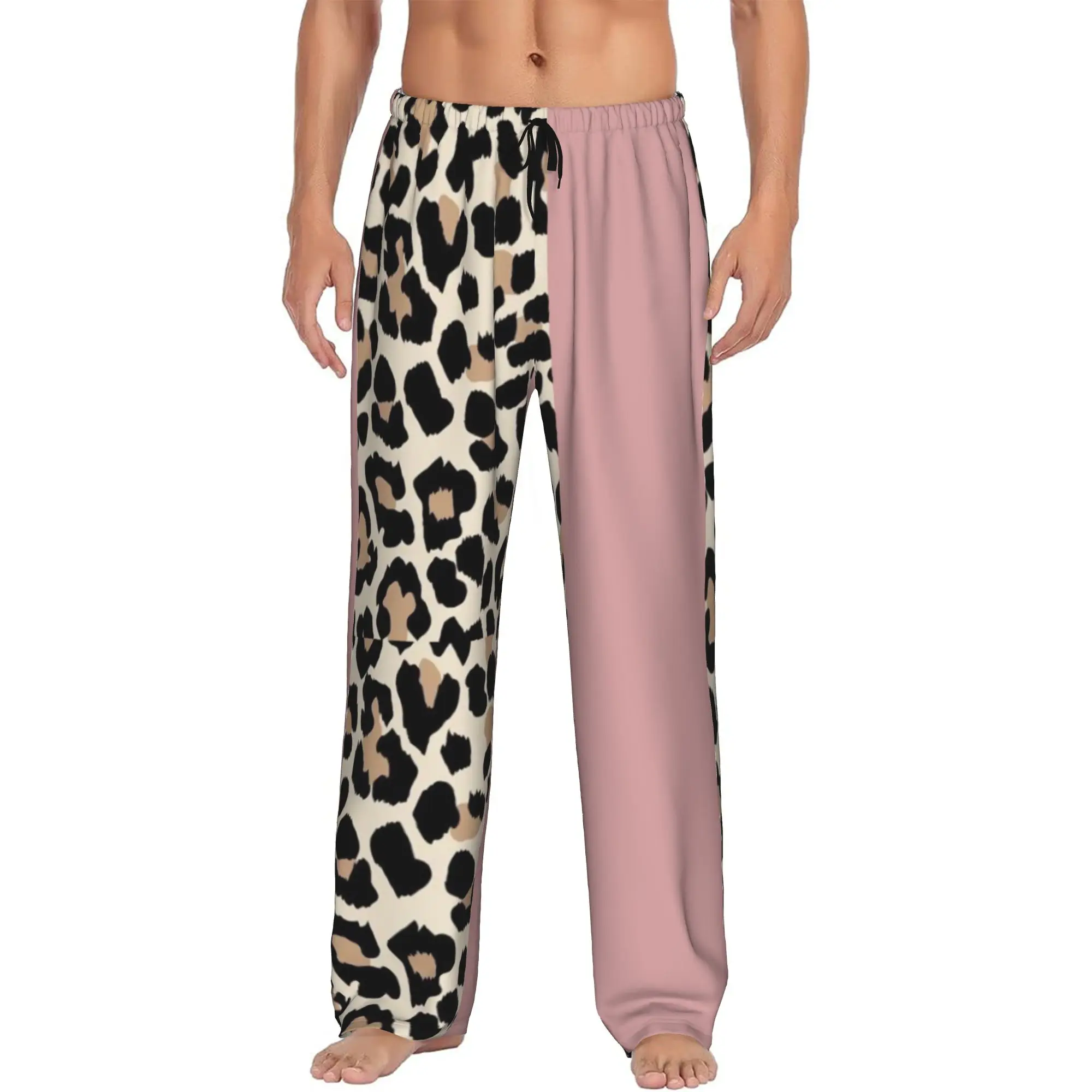 Custom Leopard Print Colorful Pajama Pants for Men  Lounge Sleep Drawstring Sleepwear Bottoms with Pockets