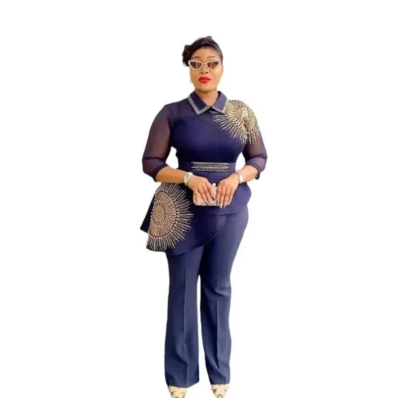 

Elegant African Clothes for Women Summer 3/4 Sleeve Polyester 2 Piece Top Pant Matching Sets Outfits Dashiki Africa Clothing