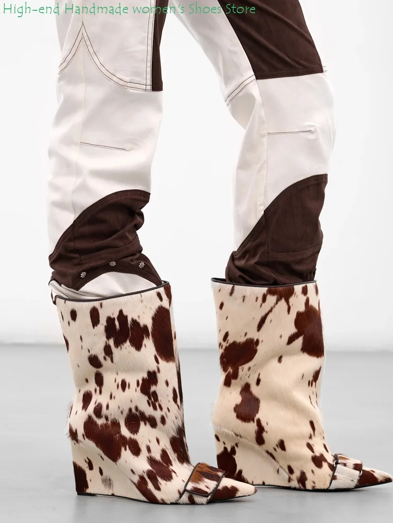 Large Tube Circumference Retro Cow Polka Dot Pattern Women's Ankle Boots Wedge Heels Color Blocking Banquet  Luxury Footwear