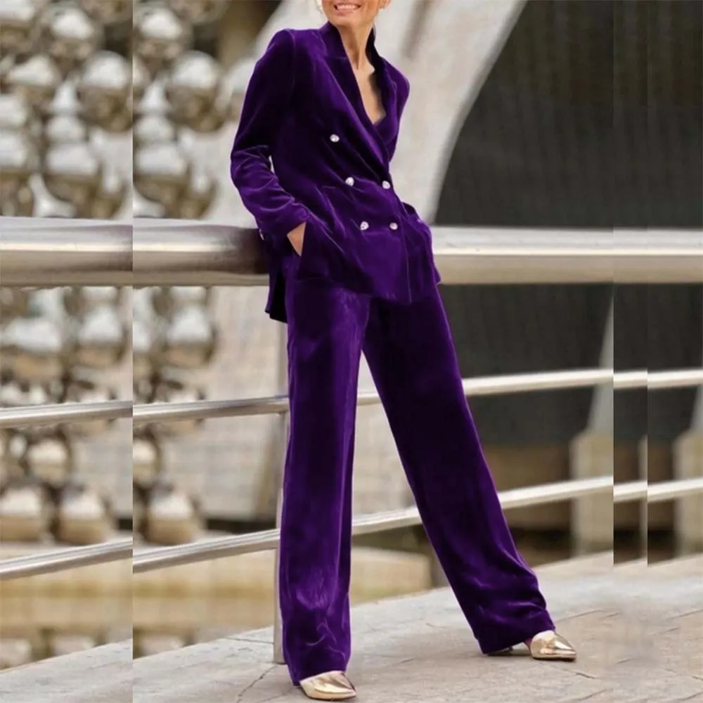 Luxury Purple Women's 2 Piece Sets Suits Chic Double Breasted Peak Lapel Slim Fit Jacket Pants Outfits Velvet Office Blazer 2025