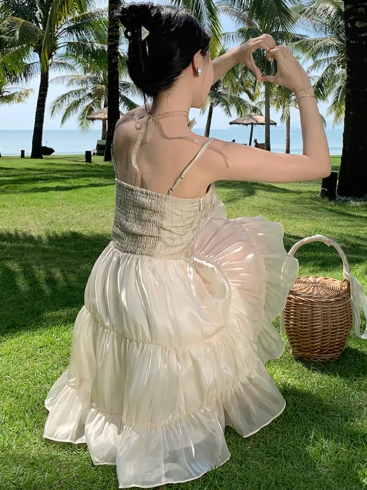 Y2K Spaghetti Strap Party Mini sukienka dla kobiet koreański bez rękawów Patchwork urodziny bal krótkie Vestidos letnie sukienki trapezowe