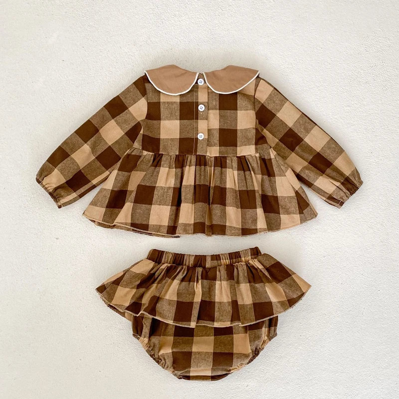 Autumn new baby clothing, 0-5 year old female baby, doll collar embroidered checkered top+skirt skirt wrapped pants 2-piece set