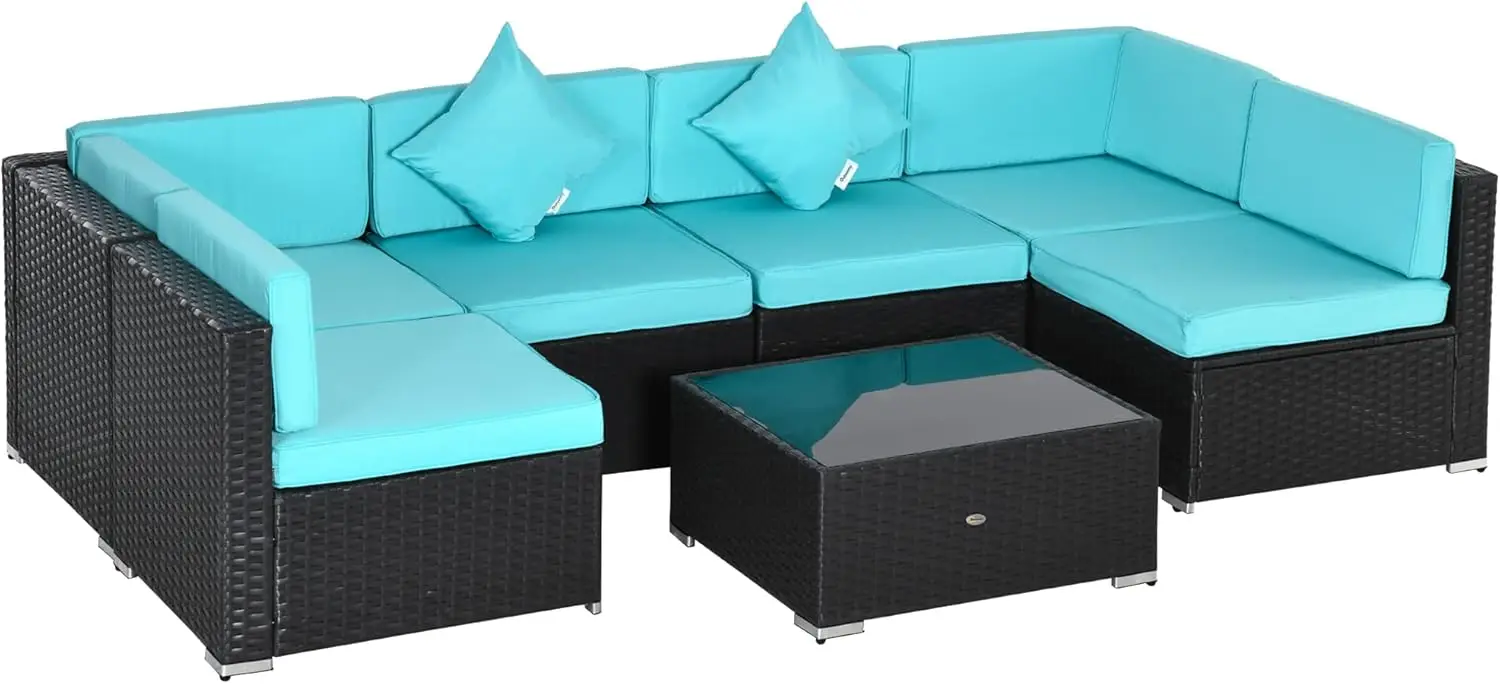 

Outsunny 7-Piece Patio Furniture Outdoor Wicker Conversation Sets All Weather PE Rattan Sectional Sofa Set Cushions Turquoise