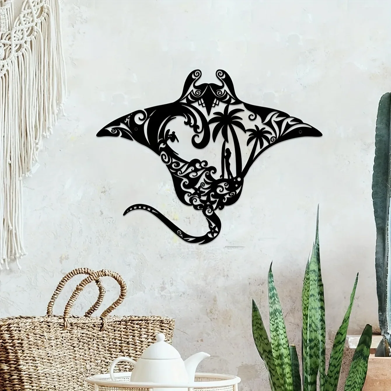 Arte de Pared Metálico con Temática de Playa, Decoración Costera de Hierro con Tabla de Surf, Olas, Estrella de Mar y Silueta de Palmera para la Sala de Estar o el Dormitorio
