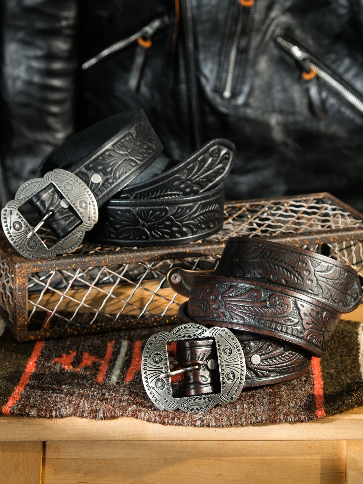 Bronze Plated Thick Silver  Buckle Western 1930 Revived Head Three Side Straight Cowhide Embossed Leather Belt Floral Pa...