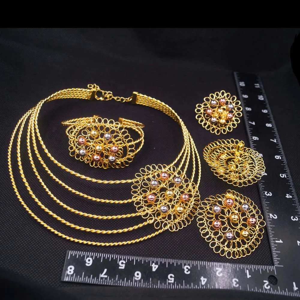 Gold Plated Jewelry Set for Women Flower Pendant Necklace Earrings Bracelet Ring Girl Party Daily Accessories H50027