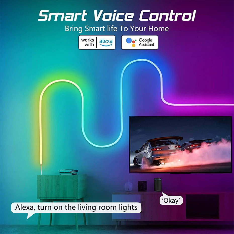 LED 네온 스트립 조명, 12V RGBIC 드림컬러 유연한 LED 스트립, 방수 조광 가능한 체이싱 스트립 테이프, 원격 블루투스 투야 와이파이