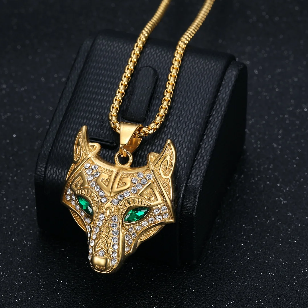 Punk Iced Out Bling CZ Wolf Head Pendant Stainless Steel Cubic Zirconia Animal Necklace for Women Men Cool Fashion Jewelry Gift
