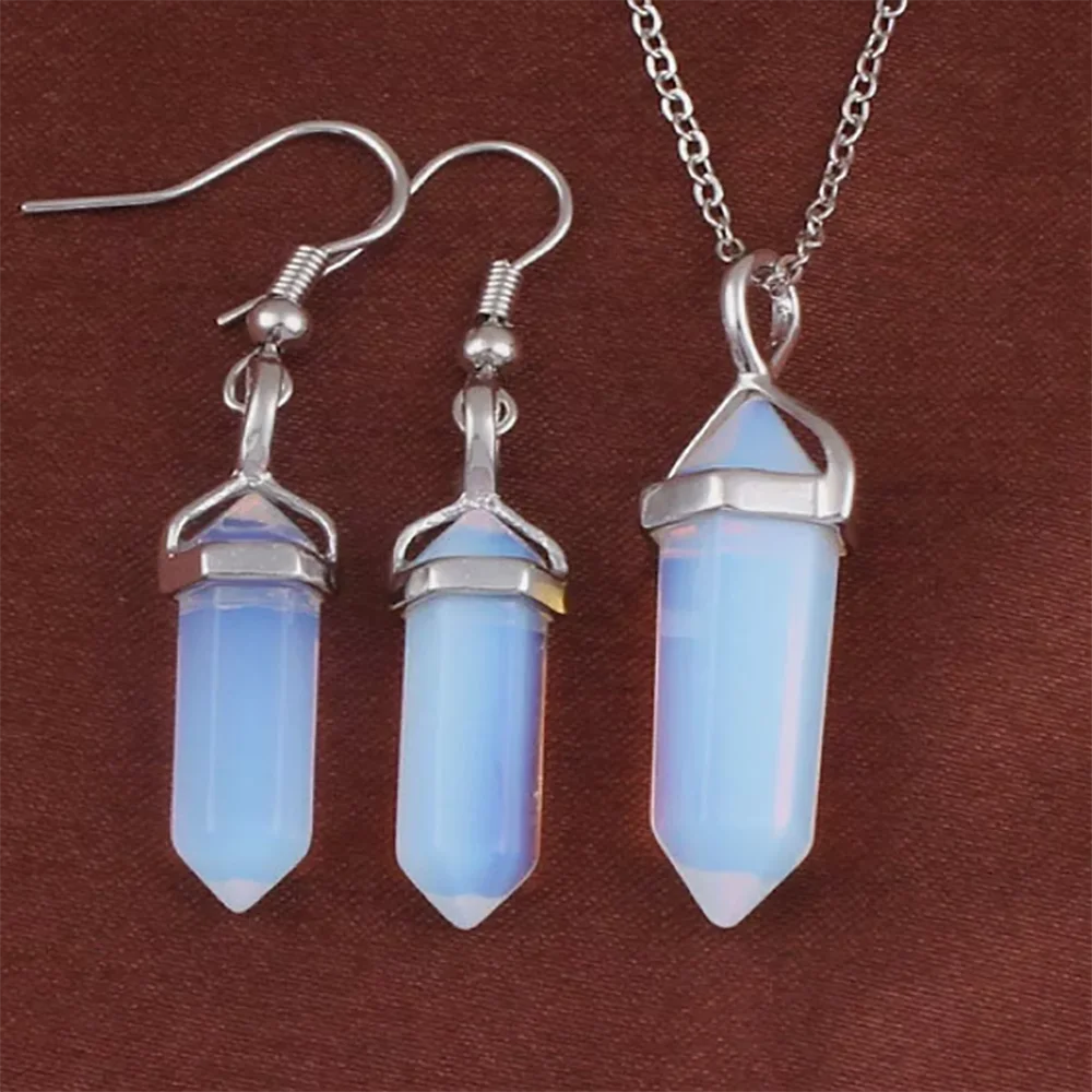 Gemstone crystal hexagonal point necklace pendant earrings set