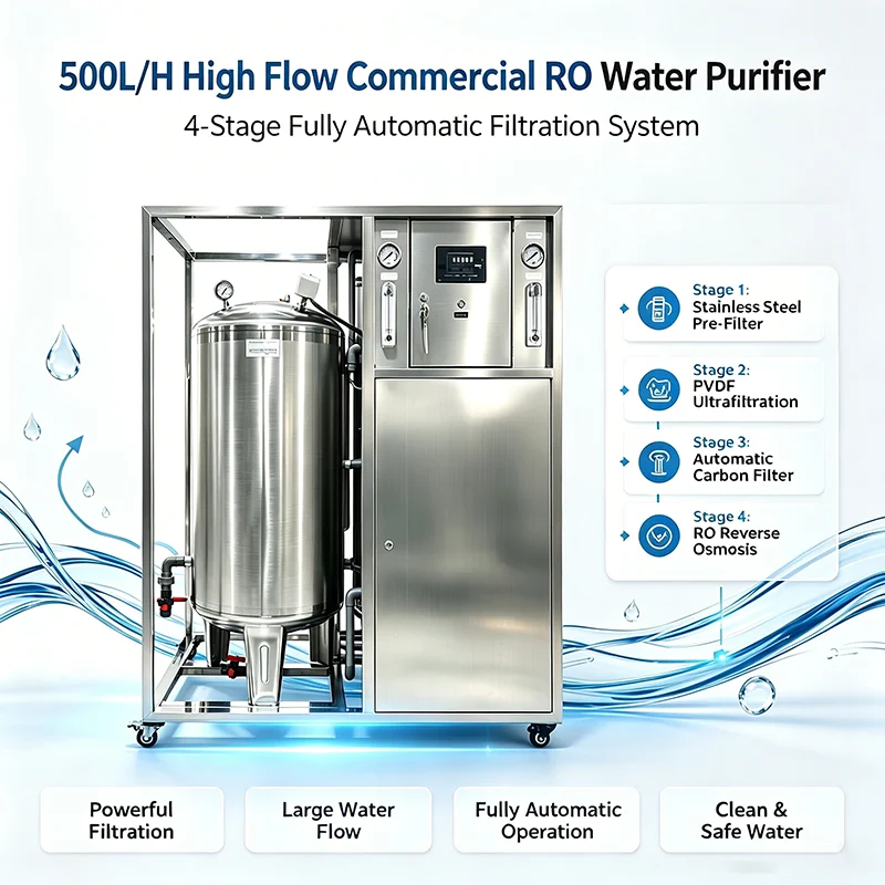500L/H Commercial RO Water Purification System 4 Stage Fully Automatic Stainless Steel Reverse Osmosis Water Treatment Machine
