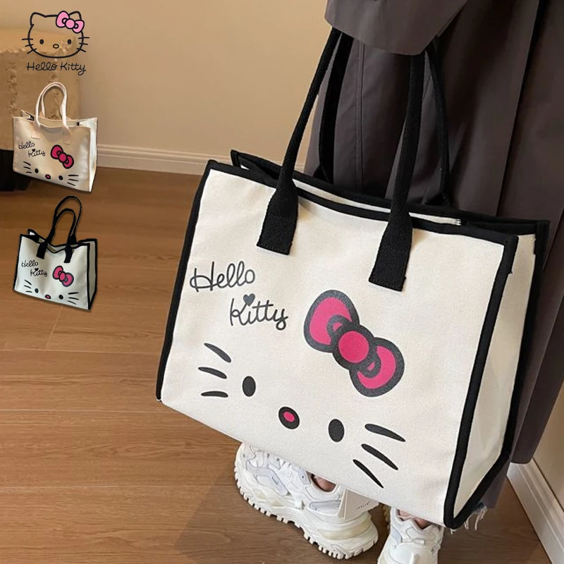 

Hello Kitty Large Tote Bag Cute Kawaii Canvas Shoulder Bag for Women Girls Eco-Friendly Casual Shopping Bag Fashion Trendy