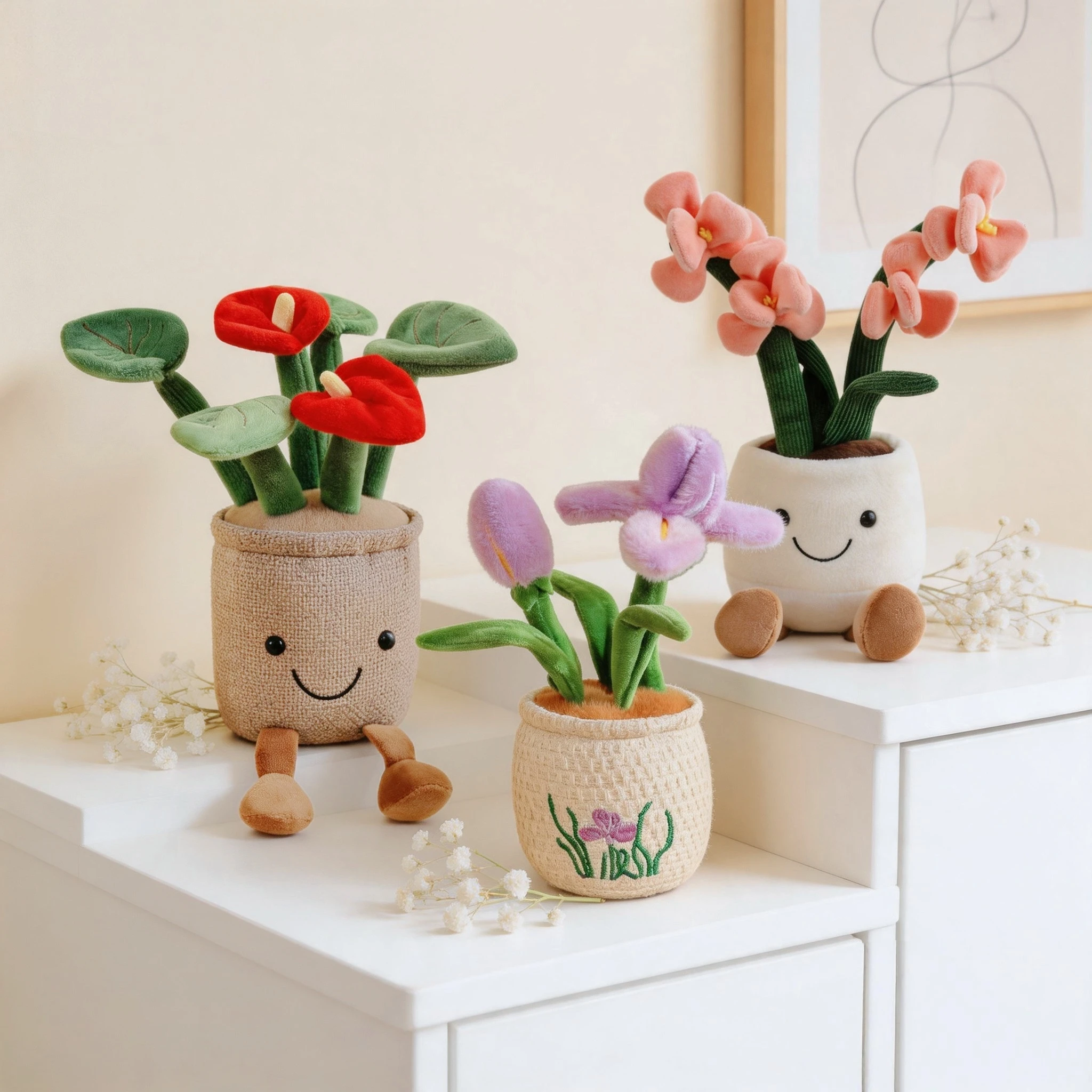 

Kawaii Plush Potted Flower Toy Cute Iris & Orchid Stuffed Plant Doll,Soft Anthurium Hanging Ornament,Keychain Bouquet Decor Gift