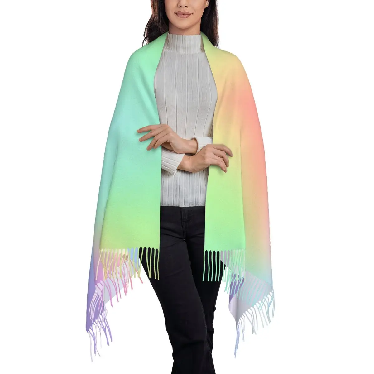 Pastel Glow Rainbow Gradient Scarf Tassel Scarves for Women Soft Warm Shawls and Wraps Large Fall Winter Shawl Wrap