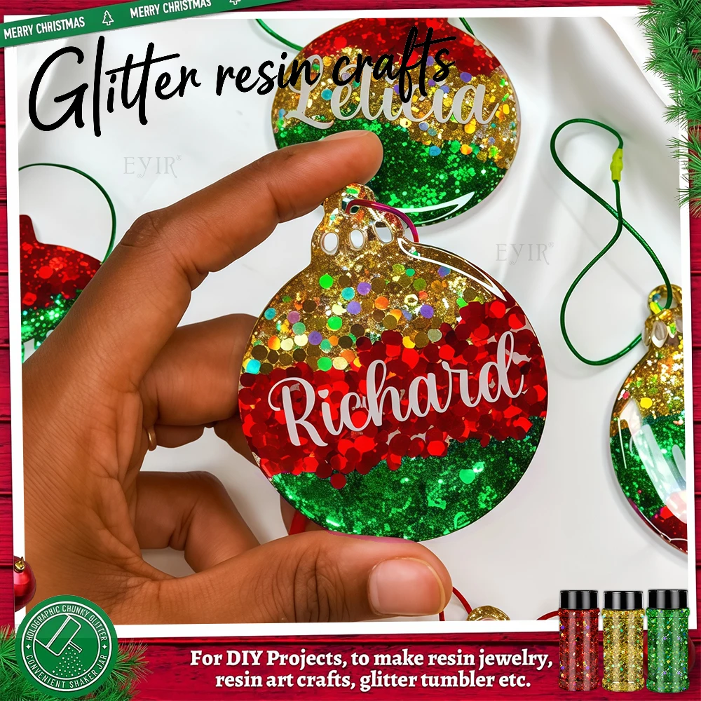 EYIR Christmas Chunky Glitter 4 Colors 50g Iridescent Glitter Flakes for Epoxy Resin Tumblers Nail Art Holiday DIY Decorations