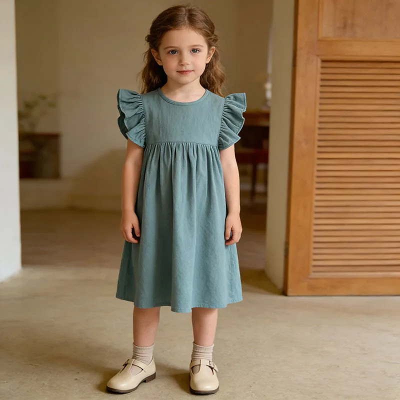 

Princess Dress for Girls Summer New Style Baby Cotton Linen Solid Color Toddler Skirt Back Neck Tie European Kids' Clothing