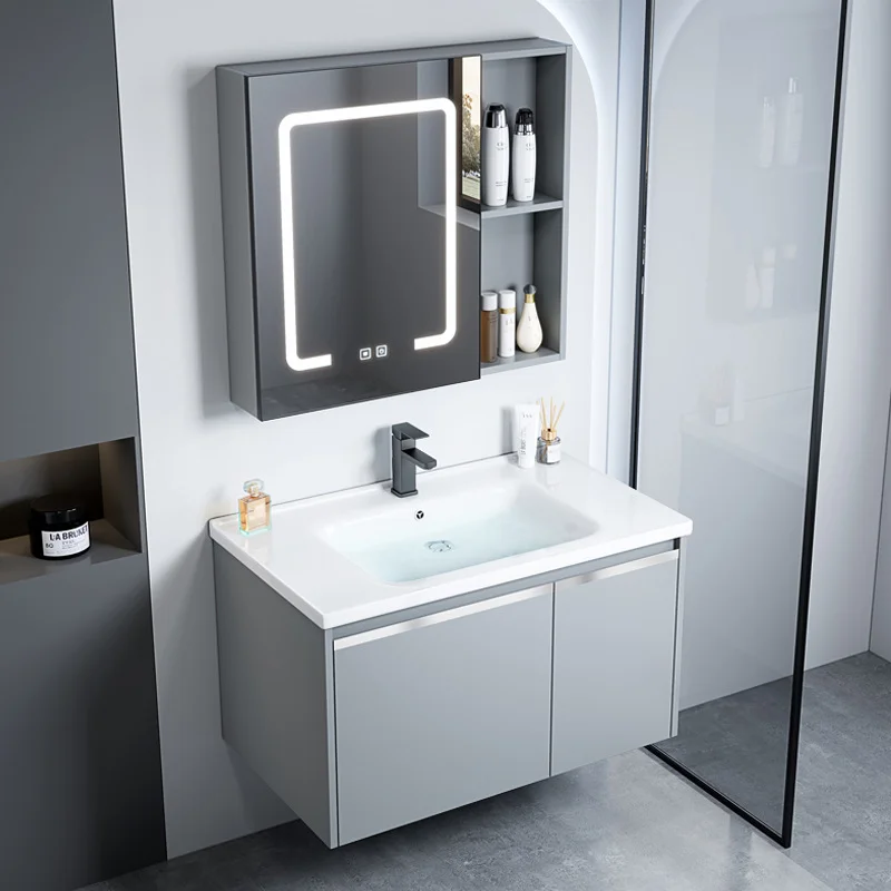 A-*Floating Single Sink Stainless Steel Bathroom Vanity with Anti-fog LED Mirror and All-in-one Ceramic Basin.
