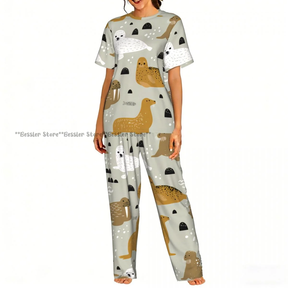 

Женская комфортная пижама с милым принтом тюленя и моржа, комплект с коротким рукавом, одежда для сна