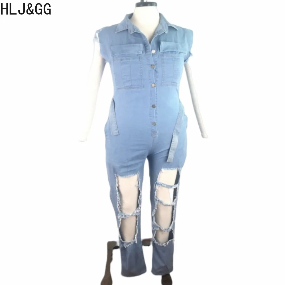 HLJ&GG Plus Size Blue Fashion Denim Hole Bandage Jumpsuits Women Turndown Collar Sleeveless Lace Up Playsuits Female Overalls