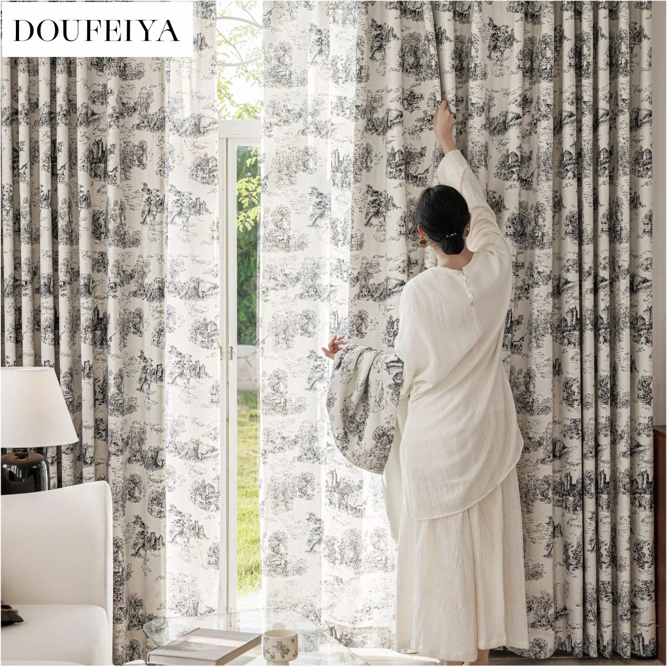 Custom Size Decor Chenille Impressionist Print Light Blocking Refreshing Retro Elegant Curtains for Living Dining Room Bedroom