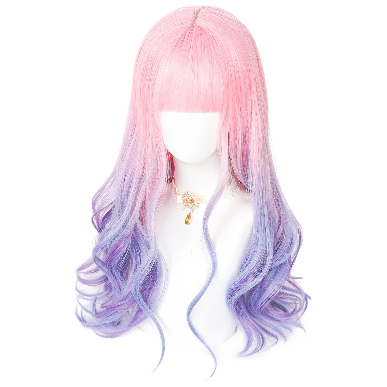 شعر مستعار اصطناعي طويل وردي متدرج أرجواني أزرق مموج مع غرة للنساء شعر مستعار لوليتا لحفلات الهالوين #2