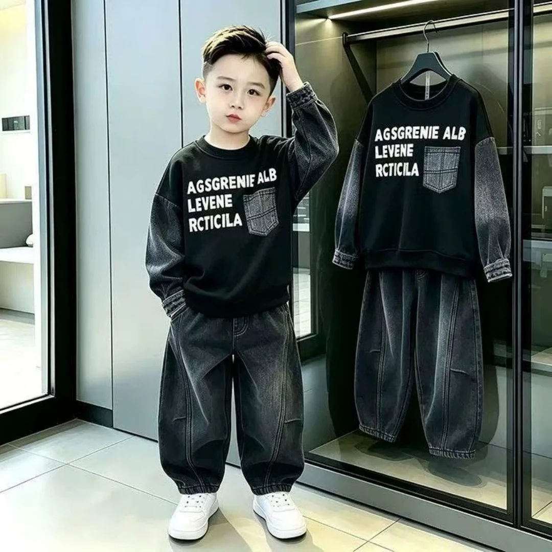 Boys' Denim Suit 2026 Autumn New Item Children's Baby Trendy Cool Color Blocking Hoodie Pants Two-piece Set