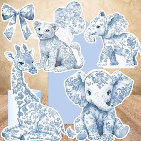KT Board Blue Toile Safari Animals Cutout Chinoiserie Toile de Jouy Boy Baby Shower Decor Prop Dusty Blue Watercolor Jungle Prop