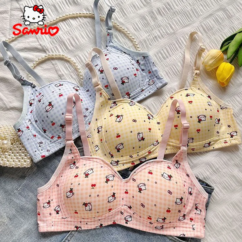 Sanrio Hello Kitty Bra Cartoon Sexy Women Underwear Girls No Wire Push Up Underwear Female\'s Soft Breathable Gathered Bra Gifts