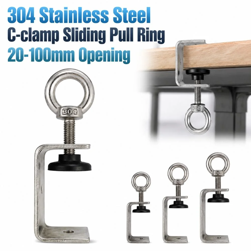 1pc 304 Stainless Steel C-clamp Adjustable 20-100mm Opening Square Clamp Sturdy Pull Ring Fixed Holder Clip Hardware Fasteners