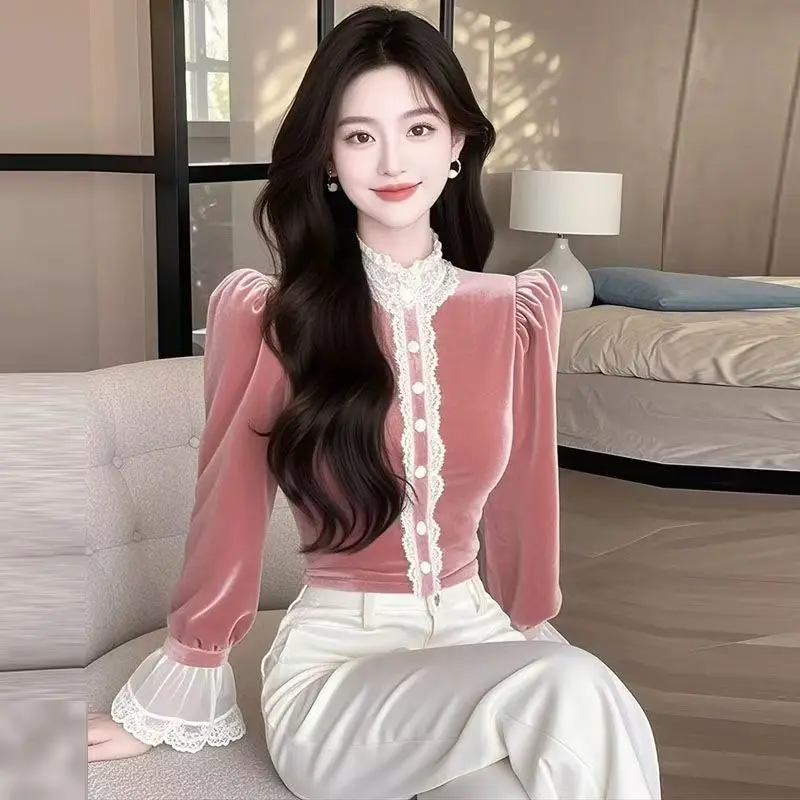 

Autumn Winter Lace Velvet Shirt Women Blouses Single Breasted Stand Collar Long sleeved Top Basic Work Party Shirt