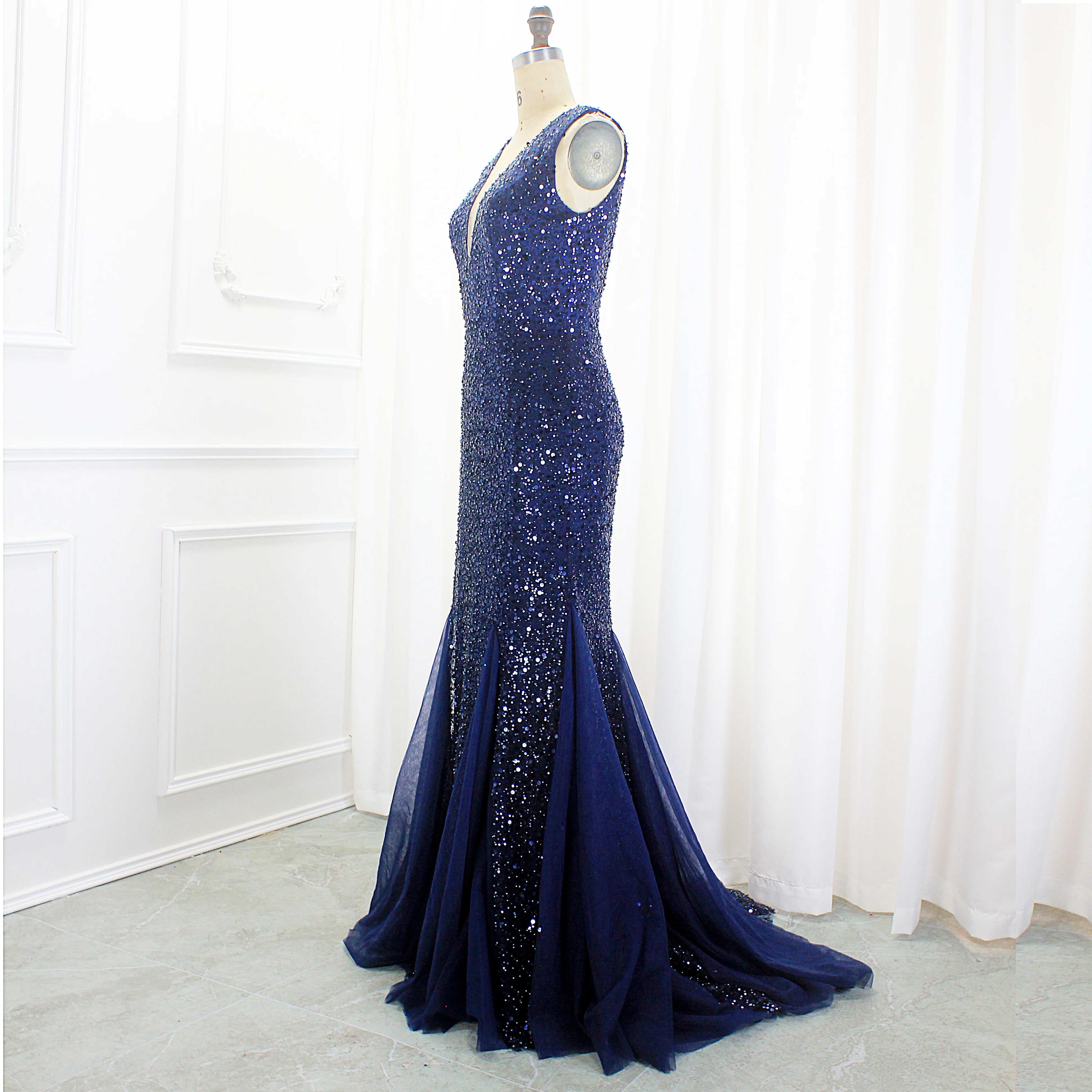 Robe de Soirée de Forme Sirène à Col en V et Manches Luxueuses pour Femme, Tenue de Bal Formelle, Bleu Marine, Perlée, au Meilleur Prix, Offre Spéciale, 2024