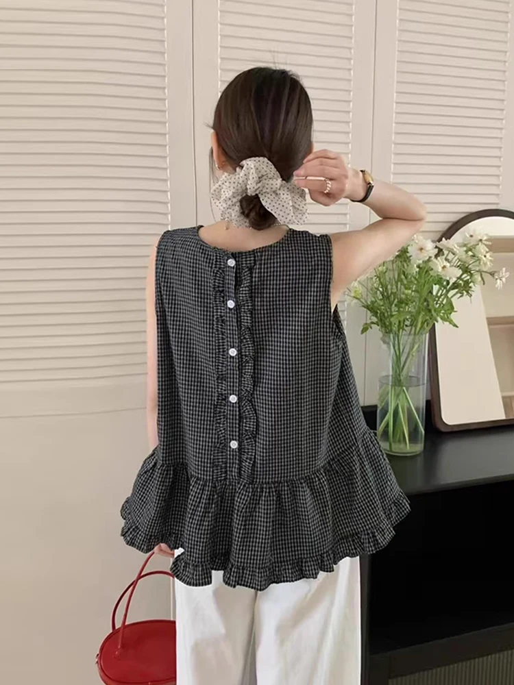 Gilet da donna vintage scozzese Bal con bottone singolo Estate New Sle Agel Svel irt Top Loose Fit Commute Sle