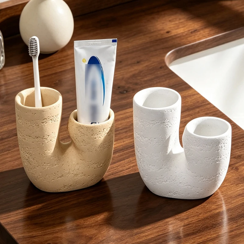 Travertine Texture Toothbrush Holder Double-hole Irregular Resin Toothpaste Storage Holder Creative Bathroom Dresser Storage Box