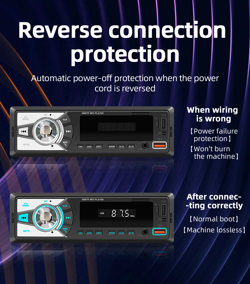 BQCC 1din Universal Car Radio MP3 Player FM/BT/AUX/USB/TF/Mobile Phone Charging 7 Color Lights Wiring Protection Car Audio