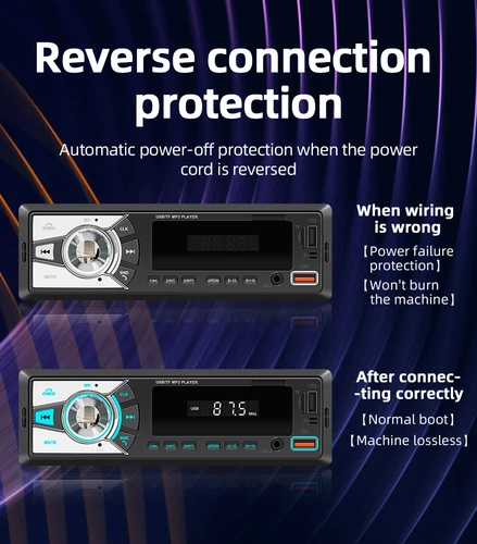 Imagen 2 del producto BQCC 1din Universal Radio de coche reproductor MP3 FM/BT/AUX/USB/TF/carga de teléfono móvil 7 luces de Color protección de cableado Audio de coche