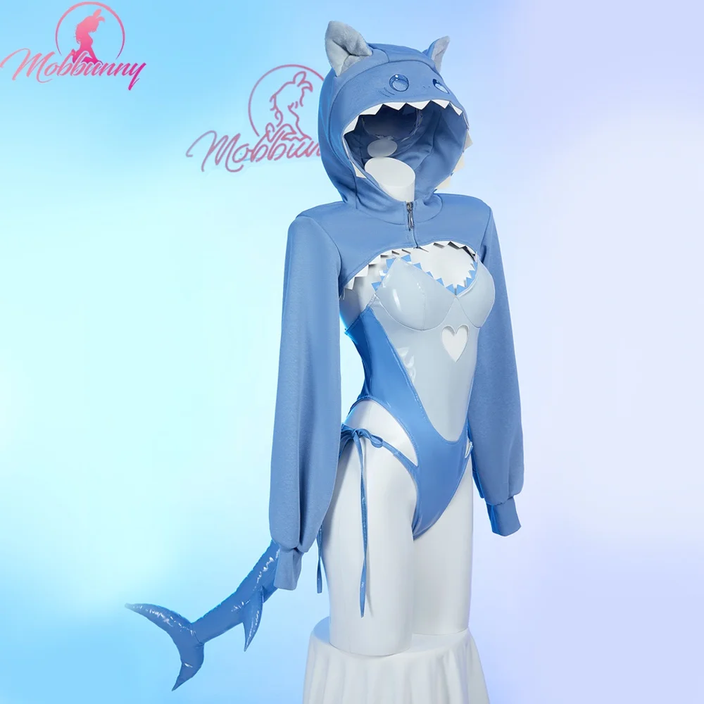 MOBBUNNY Dameslingerie Set Kawaii Cat Shark Uitsparing Body met Crop Hoodie en Staart Cosplay Kostuum