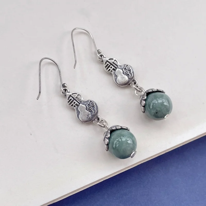 Elegant 925 Sterling Silver Jade Long Hanging earrings Jewelry 2022 Vintage Round Bead Gourd Piercing Dangle EH046