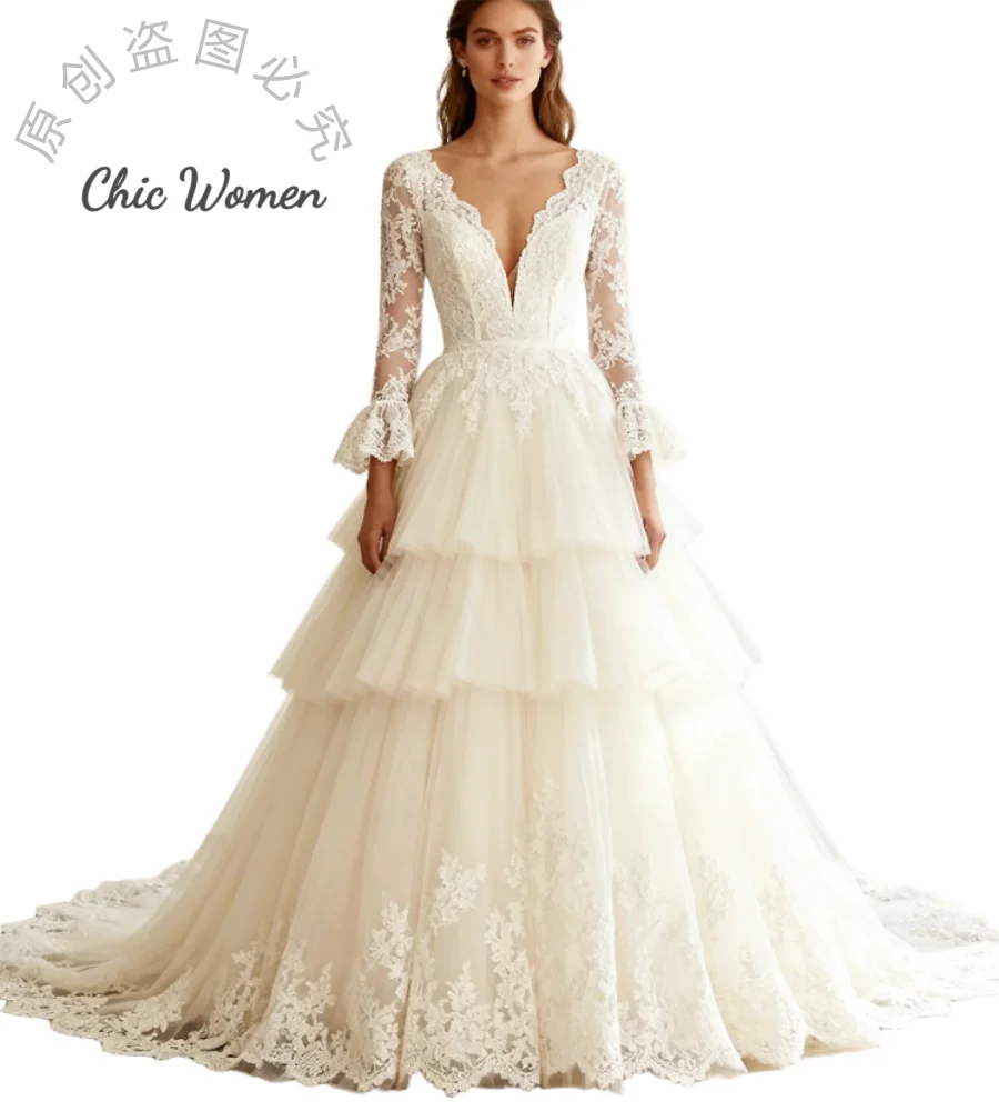 Princess Bohemian Wedding Dress Tiered A Line Tulle Long Sleeve Gypsy Boho Lace Bridal Dress 2026 V Neck Korean Bride Dress